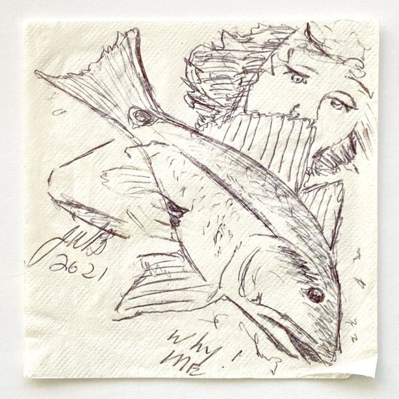 2021 Original Ink Pen Napkin Art "Why Me?" Girl with Fish Artist JWB - Picture 1 of 3